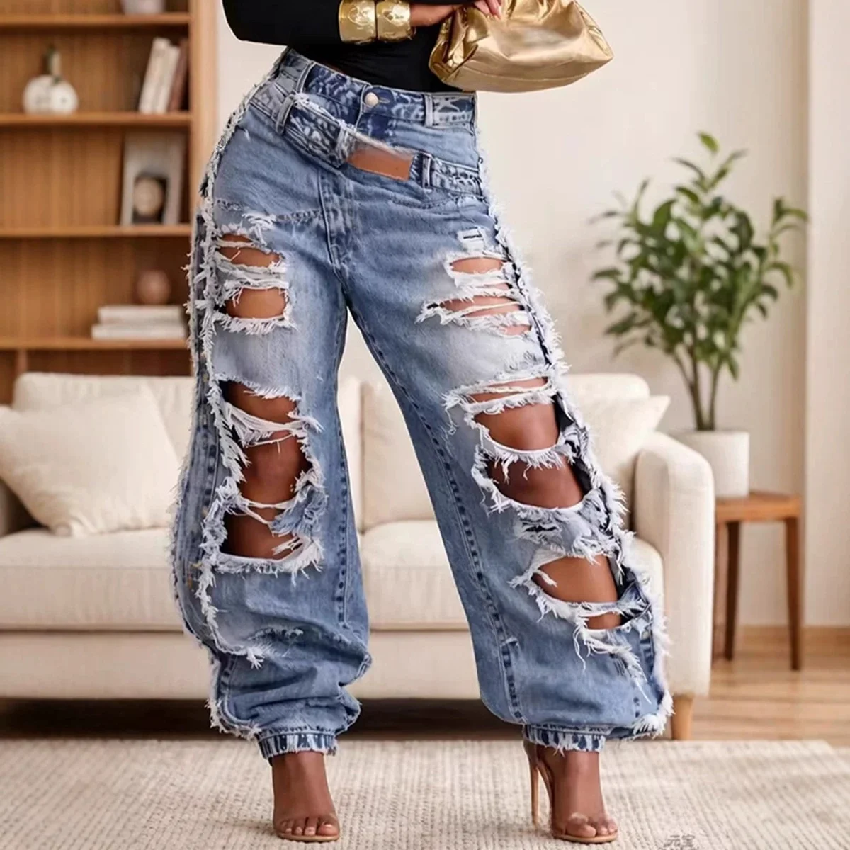 New 2026 Summer Women's High Waist Torn Ankle Denim Pants Tight Fit No Stretch Deep Light Blue Jeans Folded 