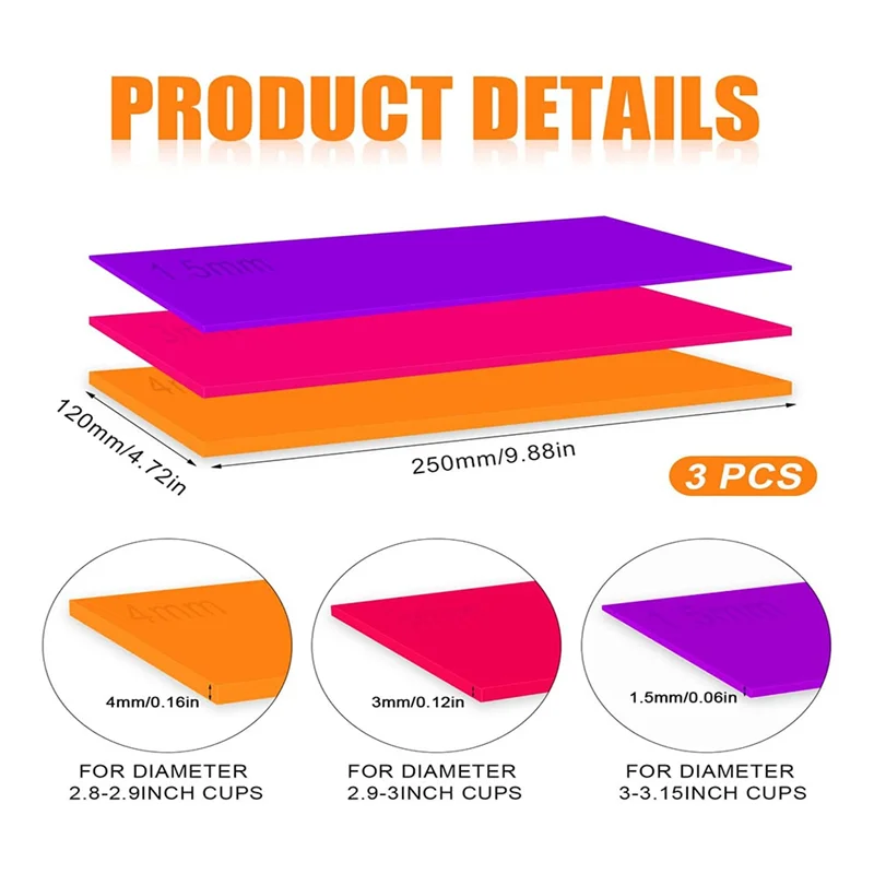 Envolturas para vasos de sublimación de 3 piezas, envolturas para vasos de tazas de silicona en 3 espesores compatibles con prensa de tazas coloridas