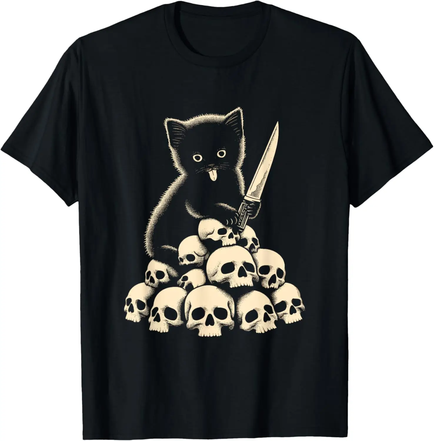 Cute Cat With Knife And Skulls - Spooky Halloween Costume T-Shirt