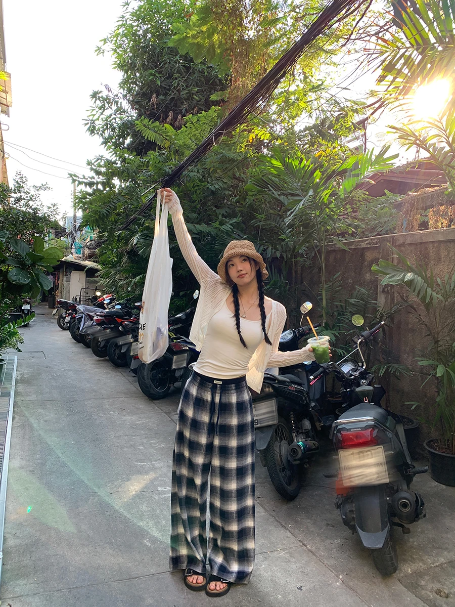 

High Waist Wide Leg Pants Women's Casual Plaid Loose Lazy Sle Straight Leg Pants Spring New Arrival Red Celebri Studio