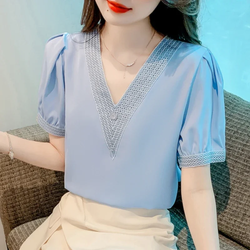 Fashion Women Short Puff Sleeve Tops Summer Simple Blouse Office Lady Elegant V-Neck Blouse Pearl Button Shirt Pullover 27046