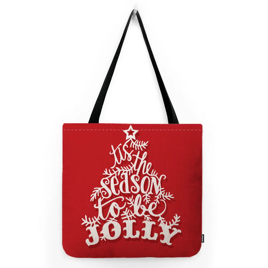 Red Joyful Merry Christmas Reindeer Snowman Flower Wreath Jingle Bell Water Resistant Linen Shoulder Bag Xmas Shopper Tote Bag