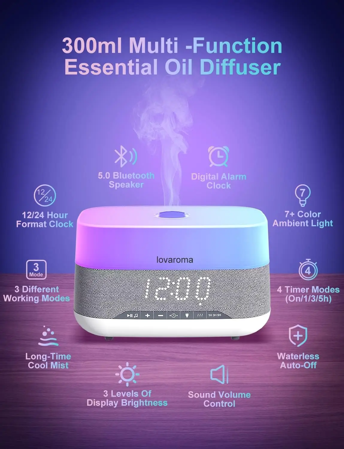 2026 New Upgrade Versatile Essential Oil Diffuser, 300ml Aroma Diffuser With Bluetooth Speaker And Alarm Clock, 7 Colors LED Lig