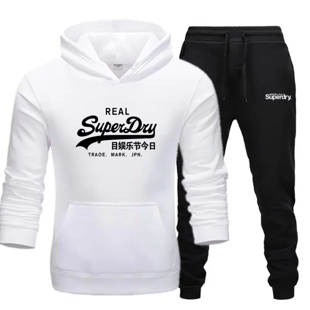 UK Superdry Brand New Autumn/winter Printed Hoodie+drawstring Pants Set Top Street Fashion Men\'s Fleece Pocket Casual Sports Set