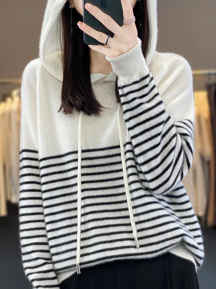 Women\'s Hoodies 100% Merino Wool Sweater Striped Long Sleeve Casual Loose Pullover Cashmere Knitwears Fashion New Knit F470