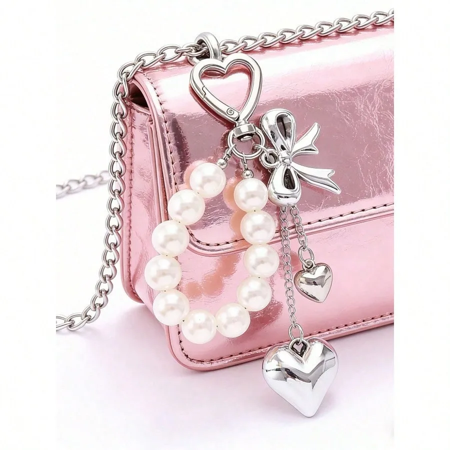 

Unisex Y2K Cute Beaded Bow Pendant, Fashionable Large Heart-Shaped Bag Charm, Silver Heart-Shaped Rotating Hook Design, Spring Clasp, Starfish,
