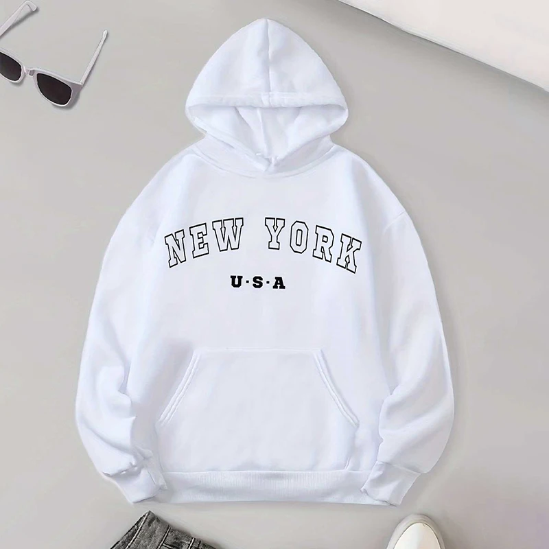 

Women's Sweatshirt Stroke New York Monogram Hooded Drop Shoulder Long Sleeve Women's Sweatshirt Loose Casual Hoodie