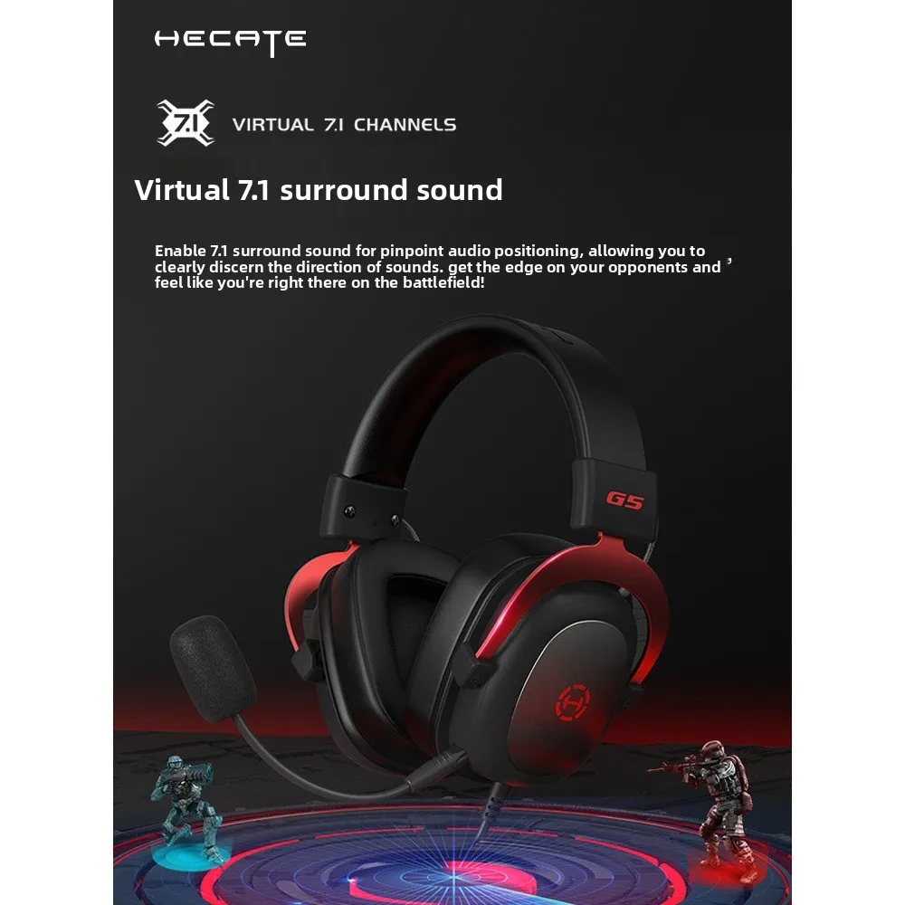 HECATE G5 USB Wired Gaming Headset 53mm Driver 7.1 Surround Sound Over Ear Headphones with Detachable Mic