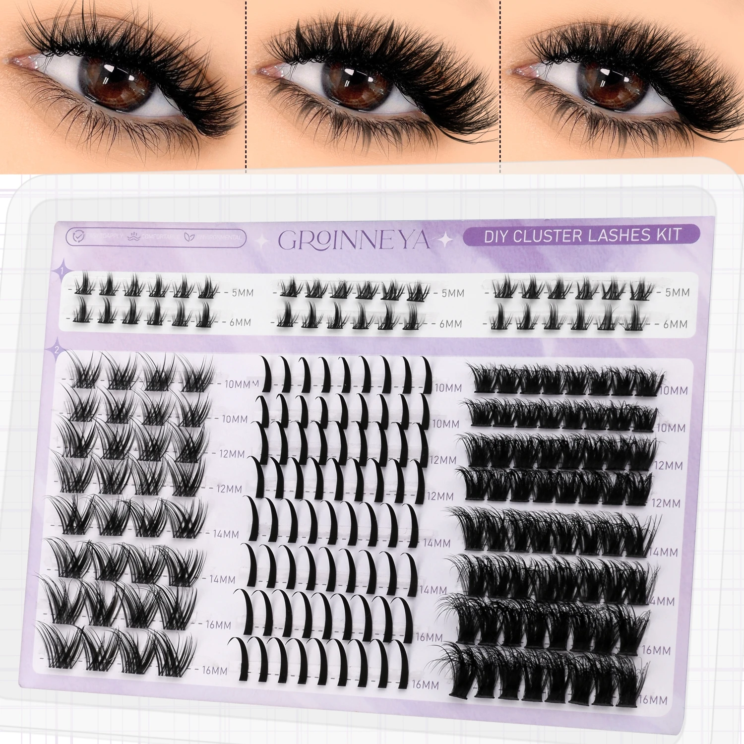 GROINNEYA Wimpern-Cluster, Wimpern, Volumen, einzelne Wimpernverlängerungen, DIY-Cluster, Wimpern, obere und untere Cluster, Wimpern