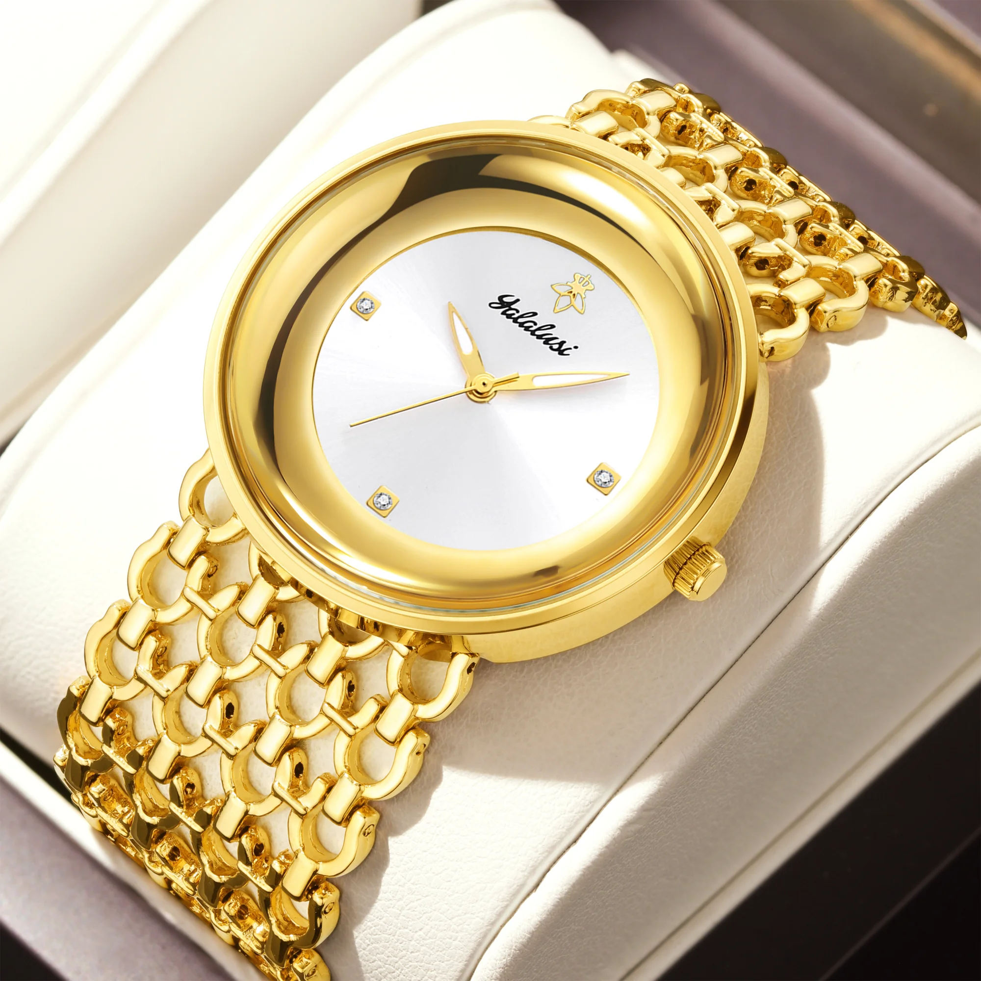 YaLaLuSi Brand Popular New Watches Round Gold Case Silver Dial Openworked Strap Luxury Fashion Style Ion Plating Giftbox