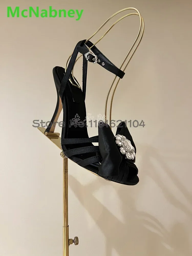 Butterfly-knot Crystal Peep Toe Sandals For Female Women 2024 New Thin High Heel Slingback Ankle Buckle Strap Fashion Dress Shoe