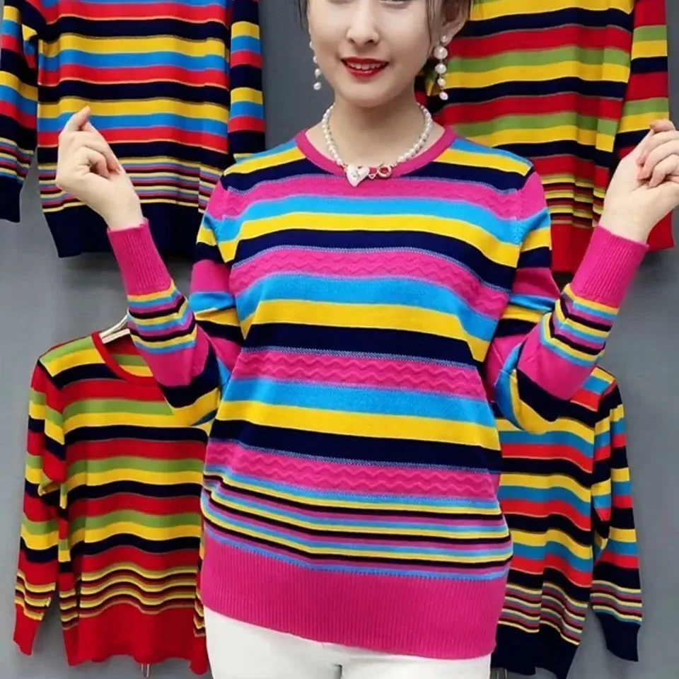 Sweter dzianinowy w paski na wiosnę i jesień, luźny, plus size, długi, cienki, dla kobiet w średnim wieku, dzianinowa bluzka bazowa.