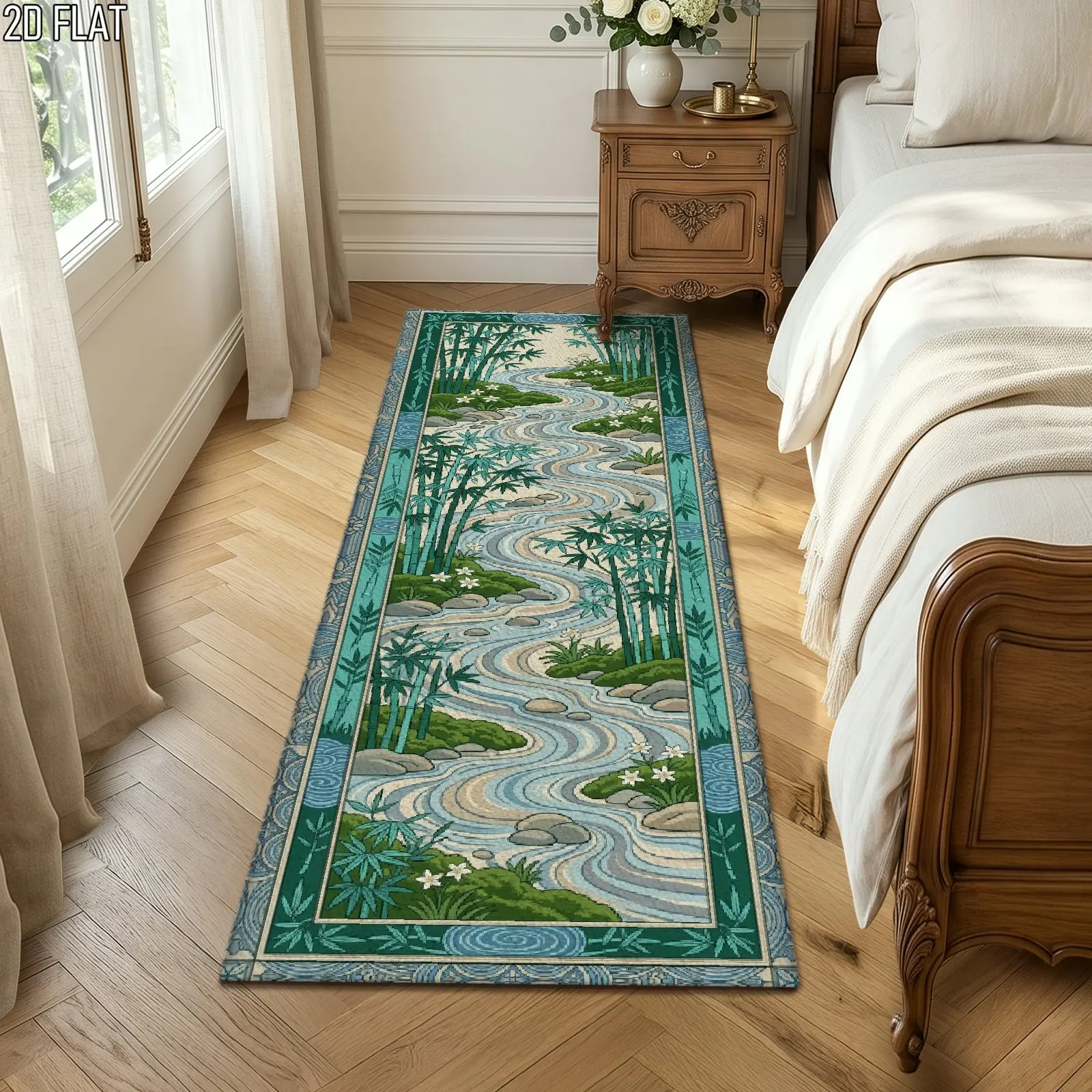 Bamboo Bath Mat - Chinesische Landschafts-Läufermatte, rutschfest, waschbar, Bambus-Fluss-Grün, Wellenmuster,