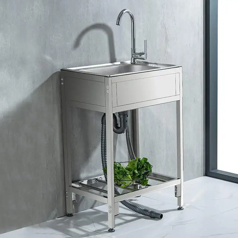 Kitchen Stainless Steel Simple Sink Vegetable Basin Single Sink Floor-Standing Kitchen with Bracket Baffle Scullery Wash Basin