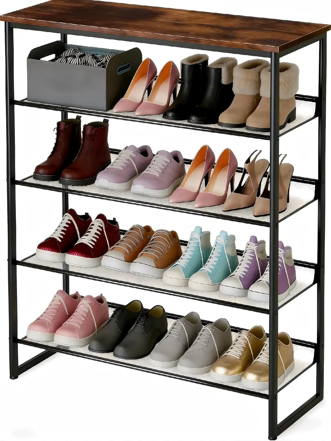 

5-ярусная металлическая полка для обуви с деревянной столешницей, регулируемые сетчатые полки для прихожей, коридора, гардеробной