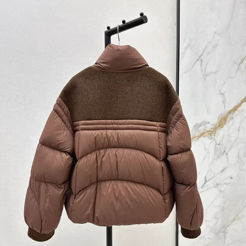 Wende-Daunenjacke aus Kaschmirmischung für Damen, locker sitzende warme Jacke, hochwertige, gefüllte Pufferjacke mit weißer Gänsedaunen