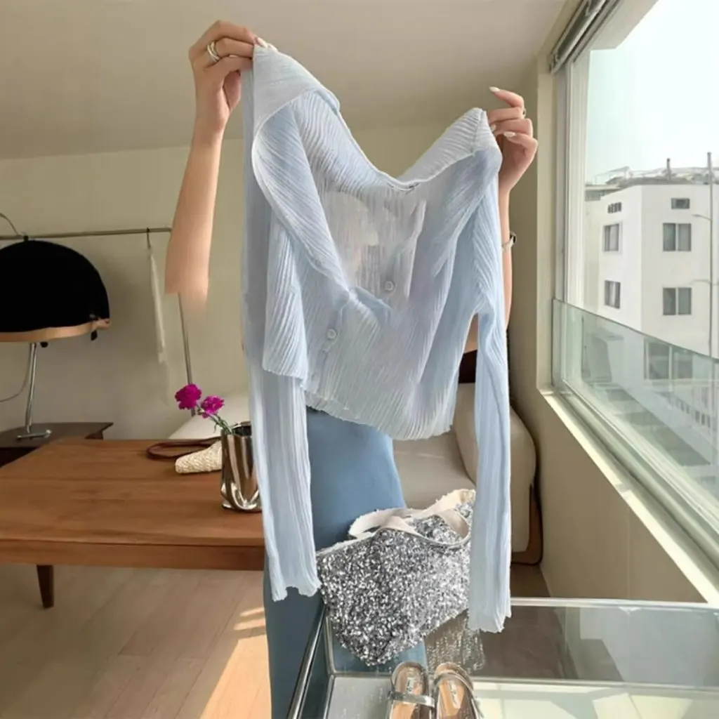 

Короткий кардиган Blue Ice Silk, женский вязаный кардиган с v-образным вырезом, солнцезащитный крем, рубашка с кондиционером, тонкая шаль на лето