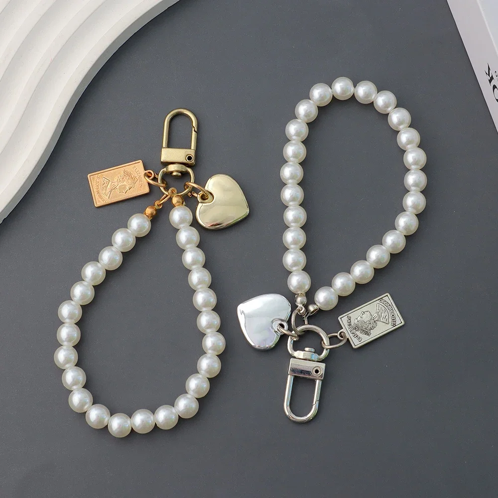 Vintage Imitation Pearl Keychain Bag Charm Simple Wristlet Bead Keyring For Women Cute DIY Metal Tag Heart Pendant Decor Gift