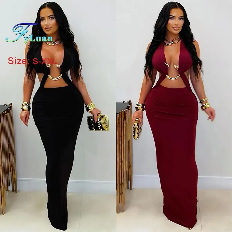 مثير عارية الذراعين المرأة فستان طويل بلون الدانتيل يصل حلقة معدنية الديكور Bodycon فستان موضة بلا أكمام ملهى ليلي فساتين حفلات