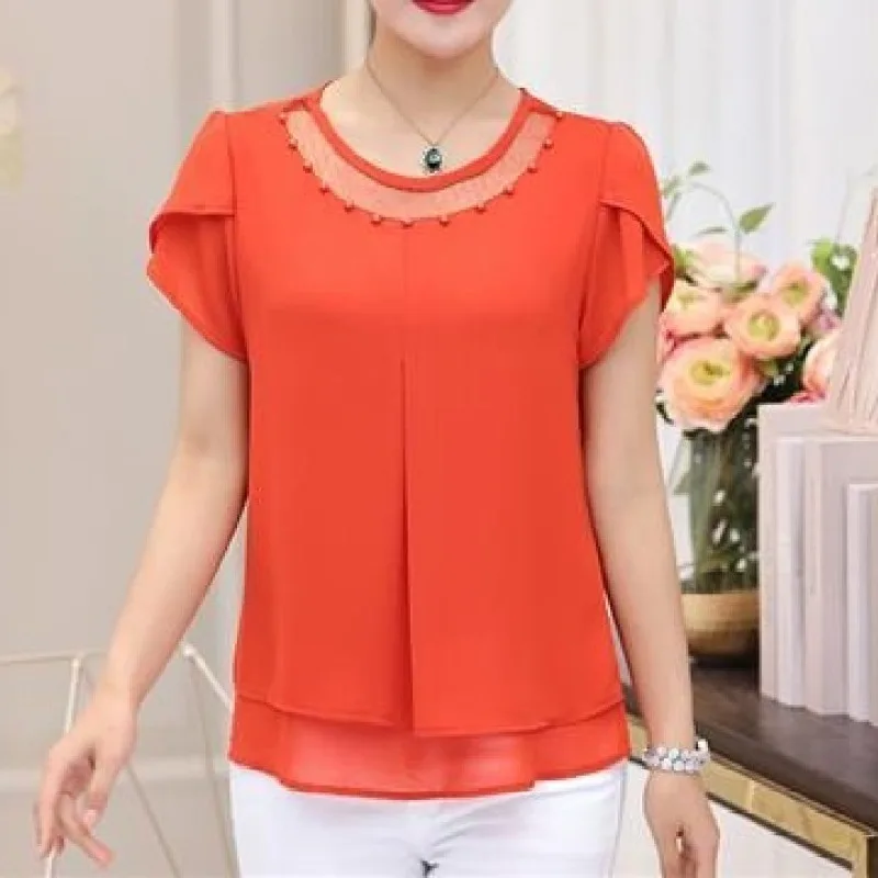 Women\'s Tshirt Summer Short Sleeve Large Chiffon Fashion Crew Neck Gauze Hollow Out Patchwork Blouse Loose Fashion Elegant Tops