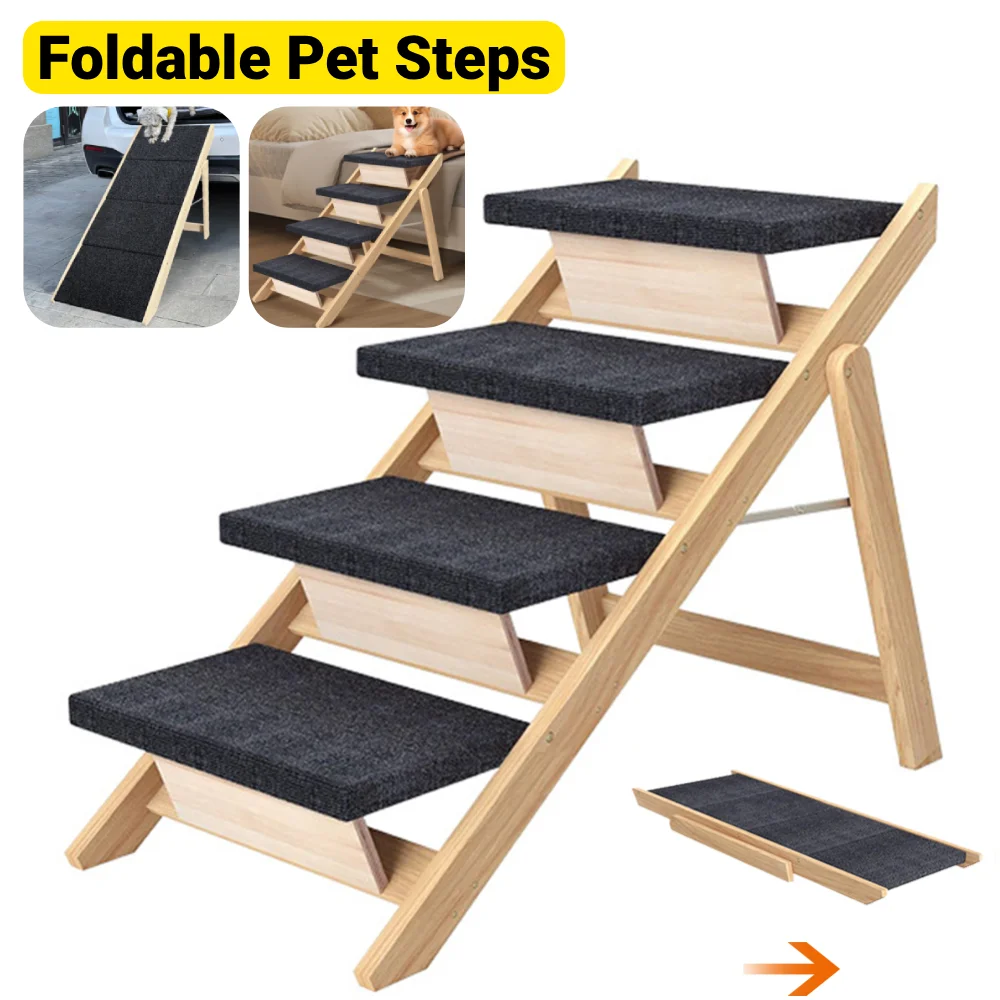

Three/Four Step Pet Stair Cat Climbing Steps Dog Stairs Foldable Wooden Cat Climbing Ladder Non-slip Carpeted Ramp Ladder