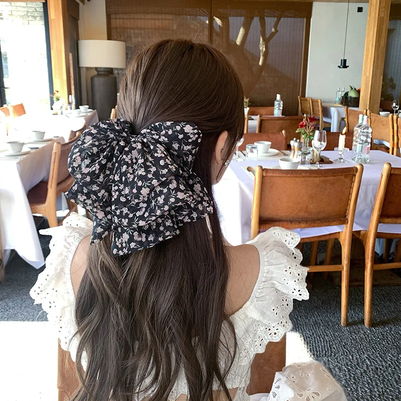 Chiffon Floral Hair Claw Women Girls Sweet Elegant Ponytail Clip Double Layer Bow Hair Grab Clip Hair Clamp Headwear Accessories