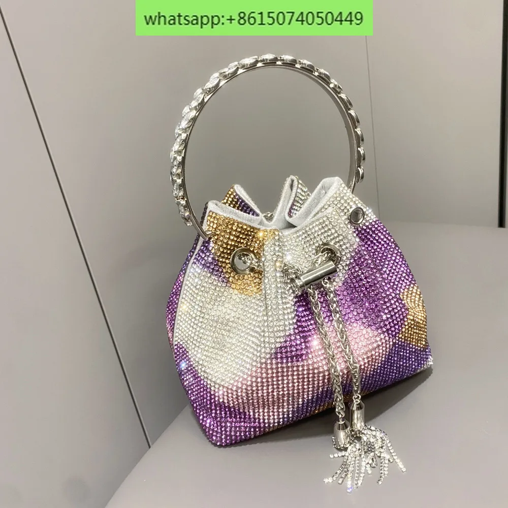 European and American ladies handbag shiny crystal handbag hand-studded metal ring bucket bag