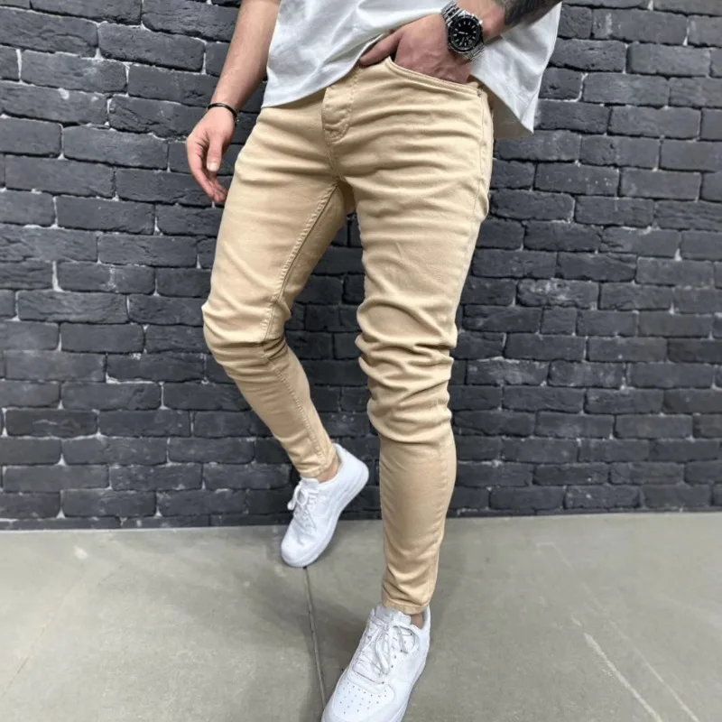 European and American Men's New Simple Ripped Commuter Trousers Slim-fitting Small Feet Trendy Handsome Jeans