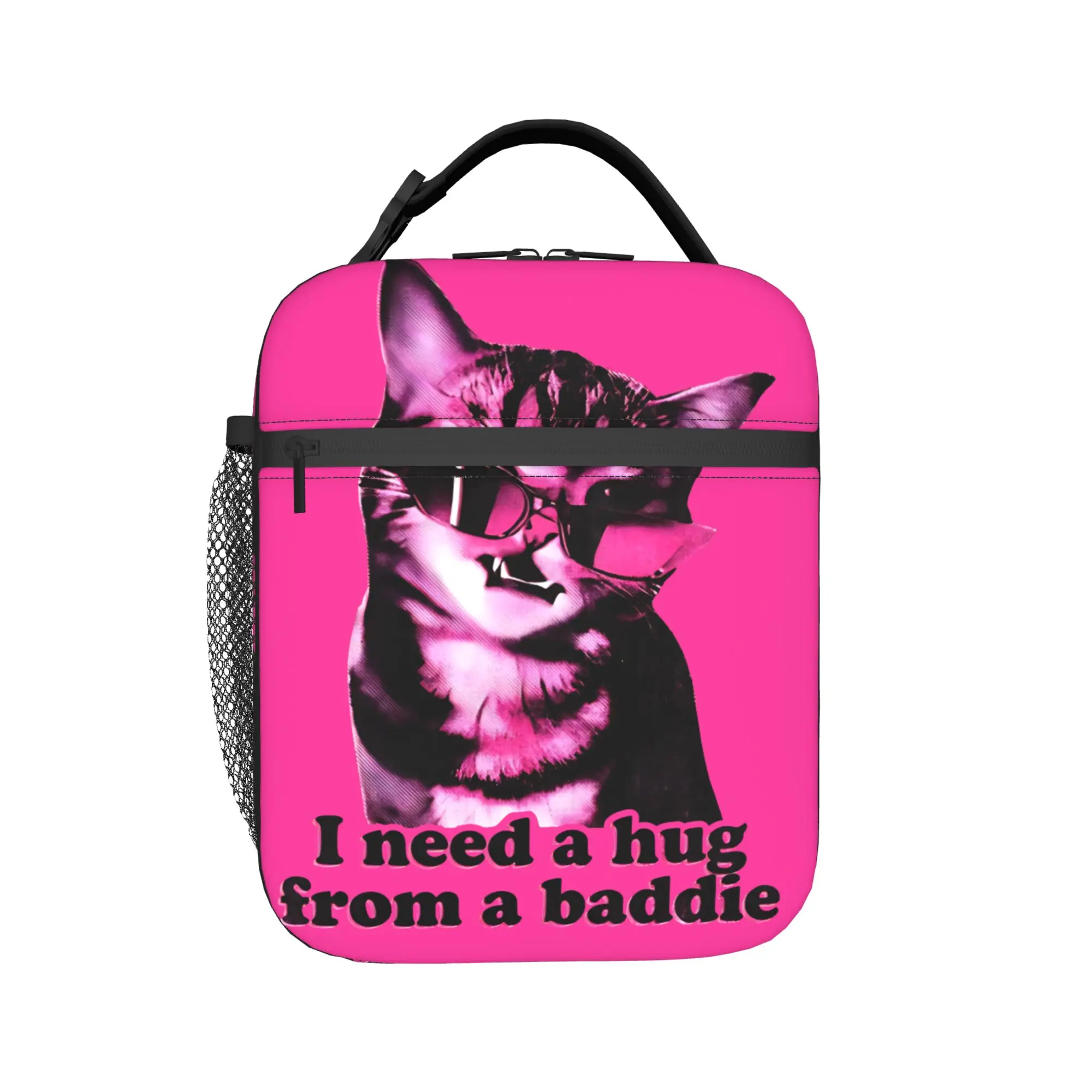 Y2k Pink Funny Meme Cat Hug From Baddie Lunch Bag  Aesthetic Lunch Box For Women Outdoor Portable Cooler Bag Tote Food Bags