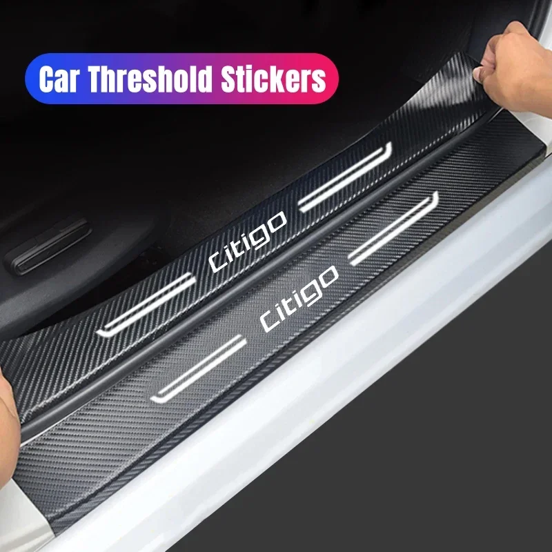 Carbon Fiber Car Door Sill Protector Film Front Rear Scuff Plate Threshold Stickers Water-proof for Skoda Citigo Logo Decoration