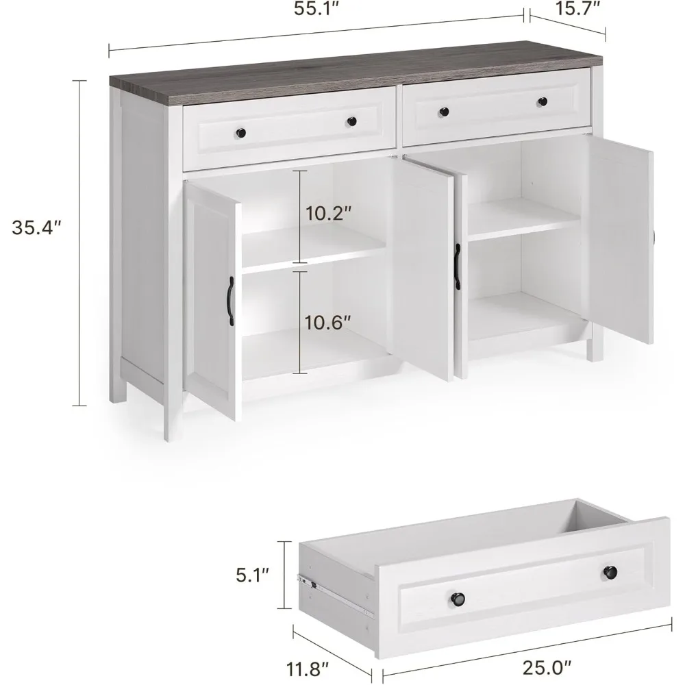 Rustic Farmhouse Style Kitchen Sideboard with Ample Storage, Drawers, and Doors for Coffee Bar and Dining Room Organization