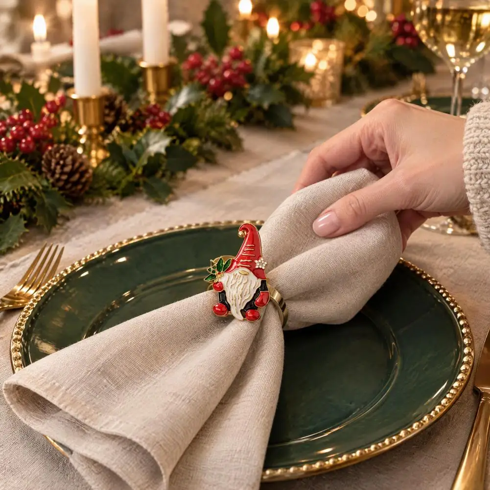 Table Setting Ornaments Holiday Table Decor Christmas Napkin Rings Metal Holders Gnome Bell Snowman Deer Designs Reusable