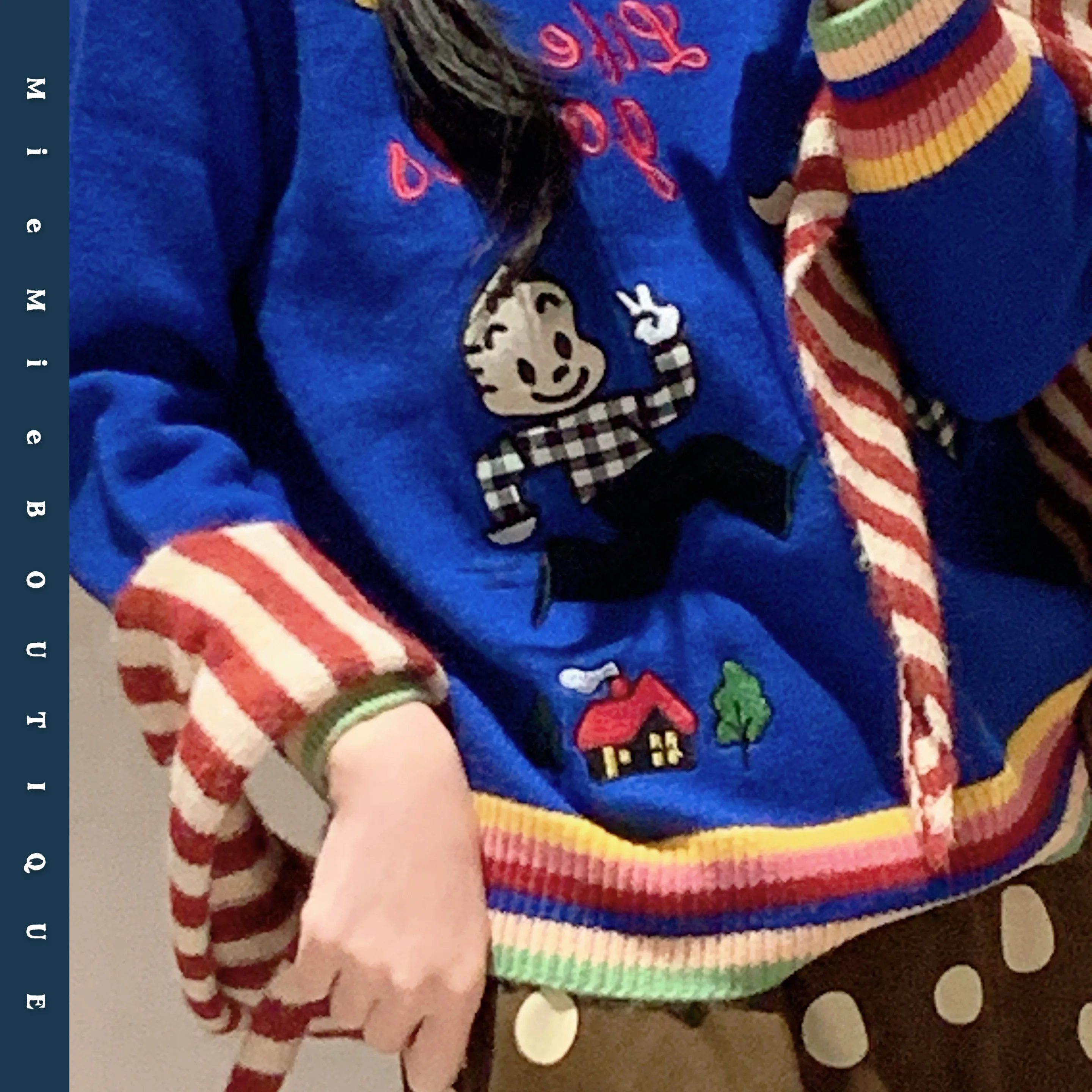 

Retro Knitted Sweater with Patchwork Sve Cartoon Rainbow Stripes Loose Fit Sweet Sle Long Sve ort Length Color