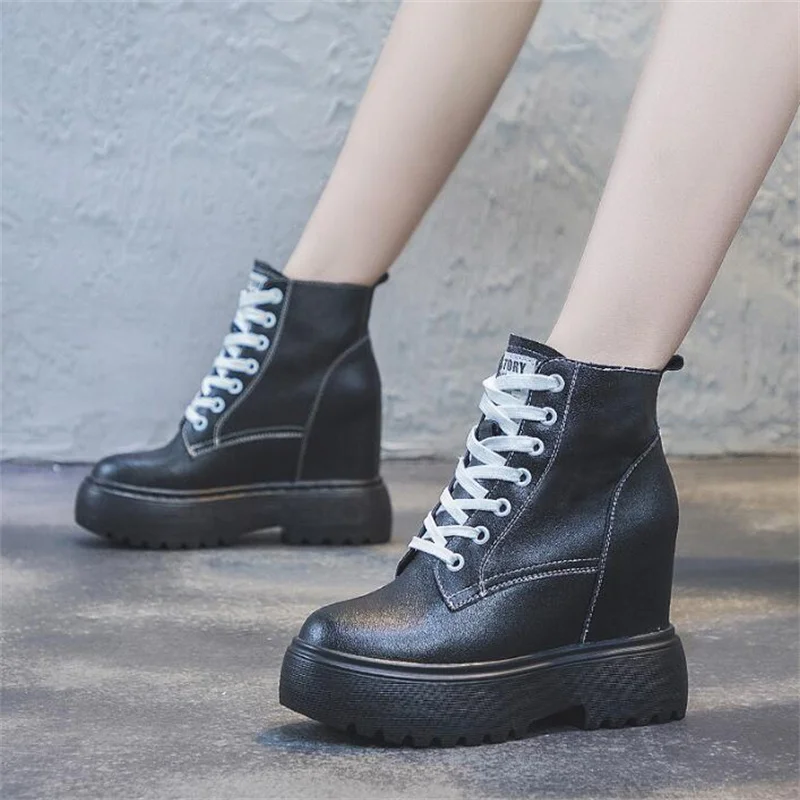 11cm Cow Genuine Leather Winter Plush Autumn Women Boots Knee High Platform Wedge Pumps Spring Hidden Heels Black Fashion Shoes