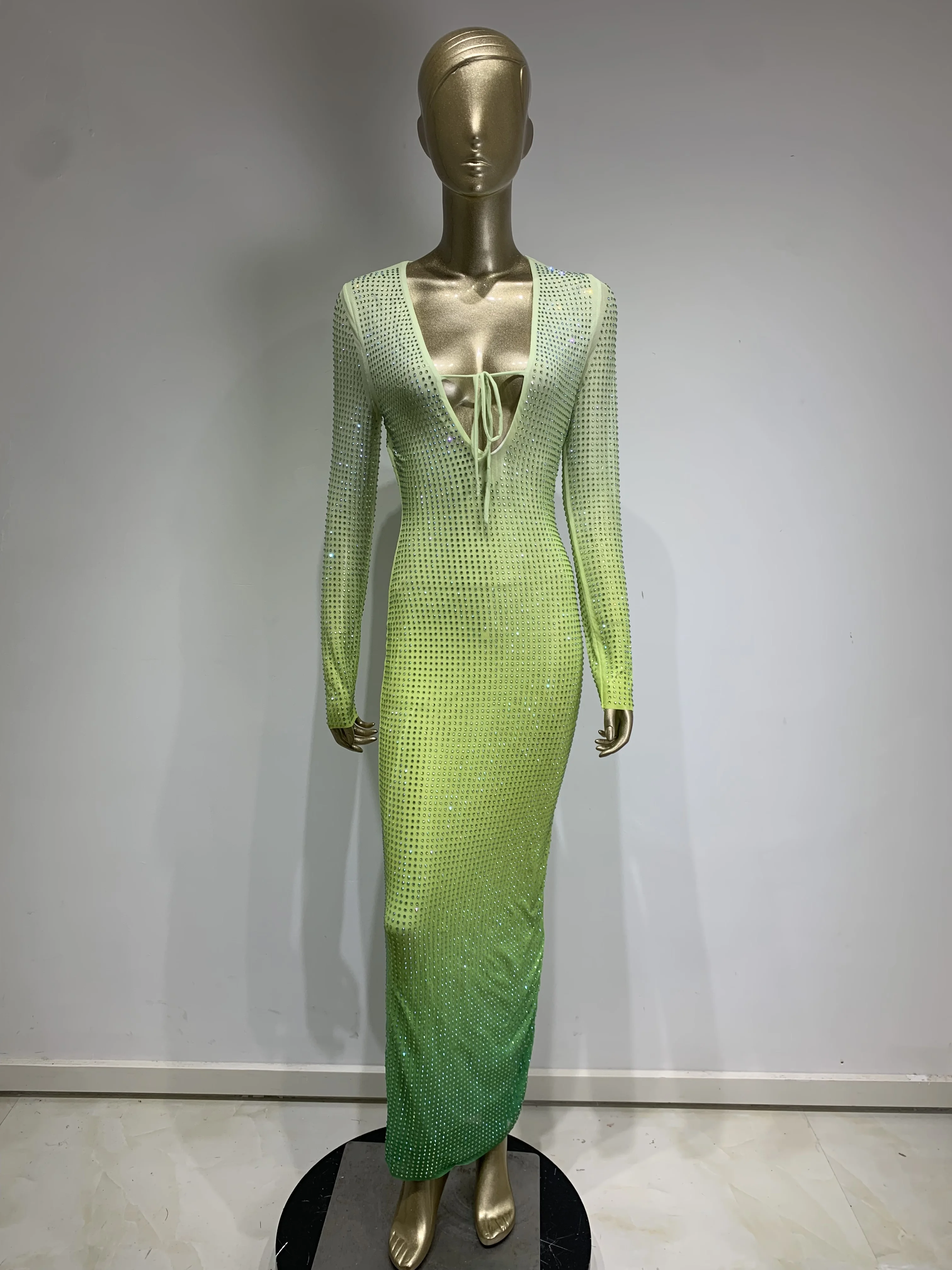 Evening Party Long One-Piece Dress Women Gradient Green Long Seeve Deep V Neck Rhinestones Shiny Celebrity Birthday Gowns