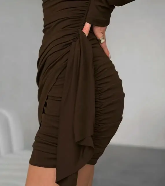 

Womens Dresses 2026 New Spring Autumn Solid Color Round Neck Long Sleeve Versatile Casual Slim Fit Ruched Daily Mini Dress