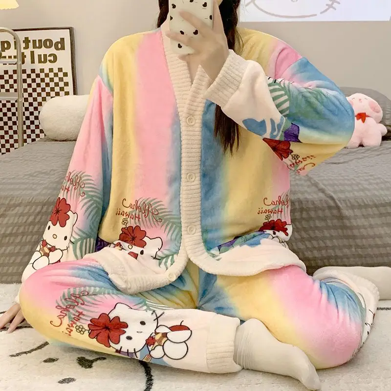 Kawaii ملابس المنزل 2 قطعة مرحبا كيتي محبوك منامة الشتاء فضفاض كسول نمط الصوف موضة تنوعا نصف طول كم مجموعة