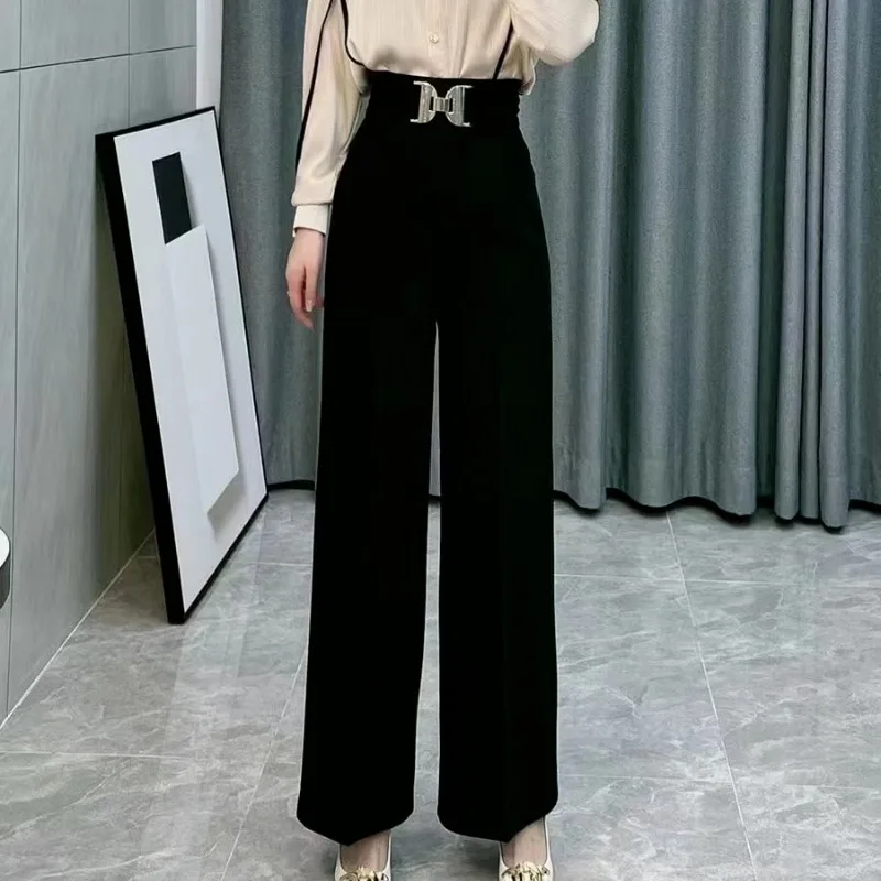 Spring and Autumn Women's Solid Colors High Waist Loose Wide Leg Pants Fashion Button Commuter Korean All-match Trousers