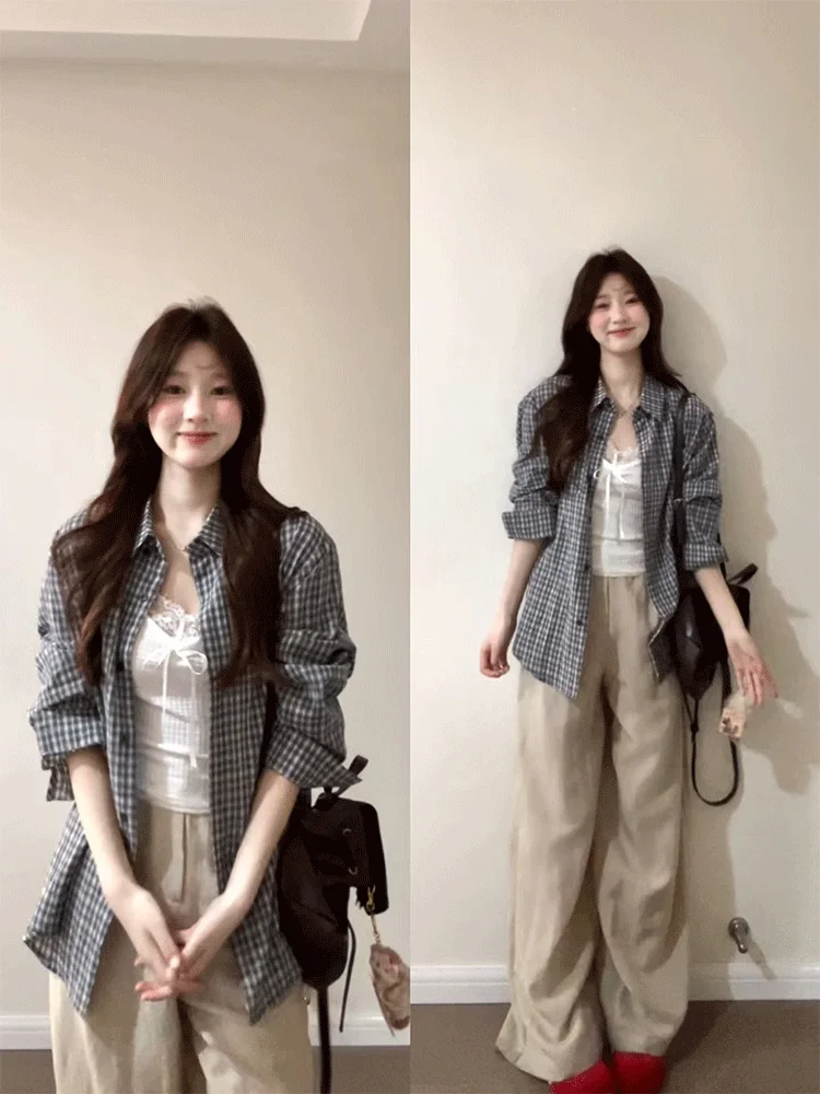 Korean Sle Long Sve Plaid Loose Women's irt Summer Versatile Lazy Sle Top Outerwear Sun Protection irt Blouse