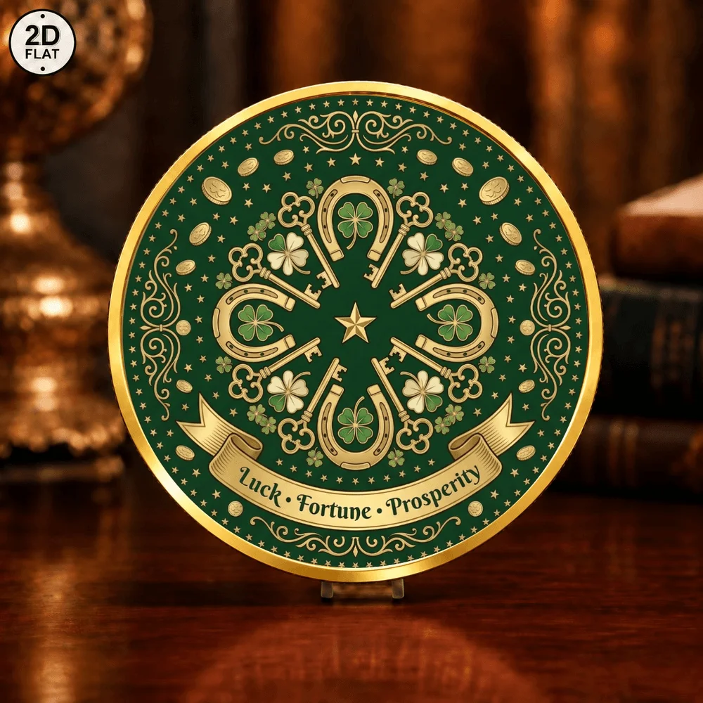 1pc Four Leaf Clover Lucky Challenge Coin UV Printed Horseshoe Key Commemorative Metal Medal Luck Fortune Prosperity Souvenir
