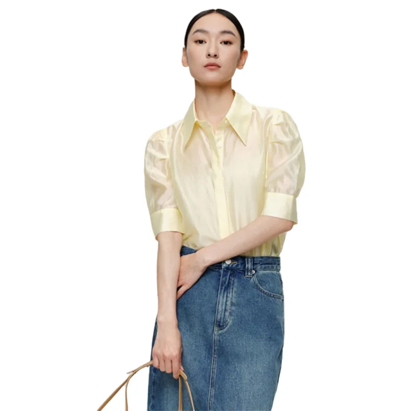 

Summer New Women's Blouses Office Ladies Elegant Lyocell Thin Shirts Female Stylish Half Puff Sleeve Solid Tops 2024 New Clothes