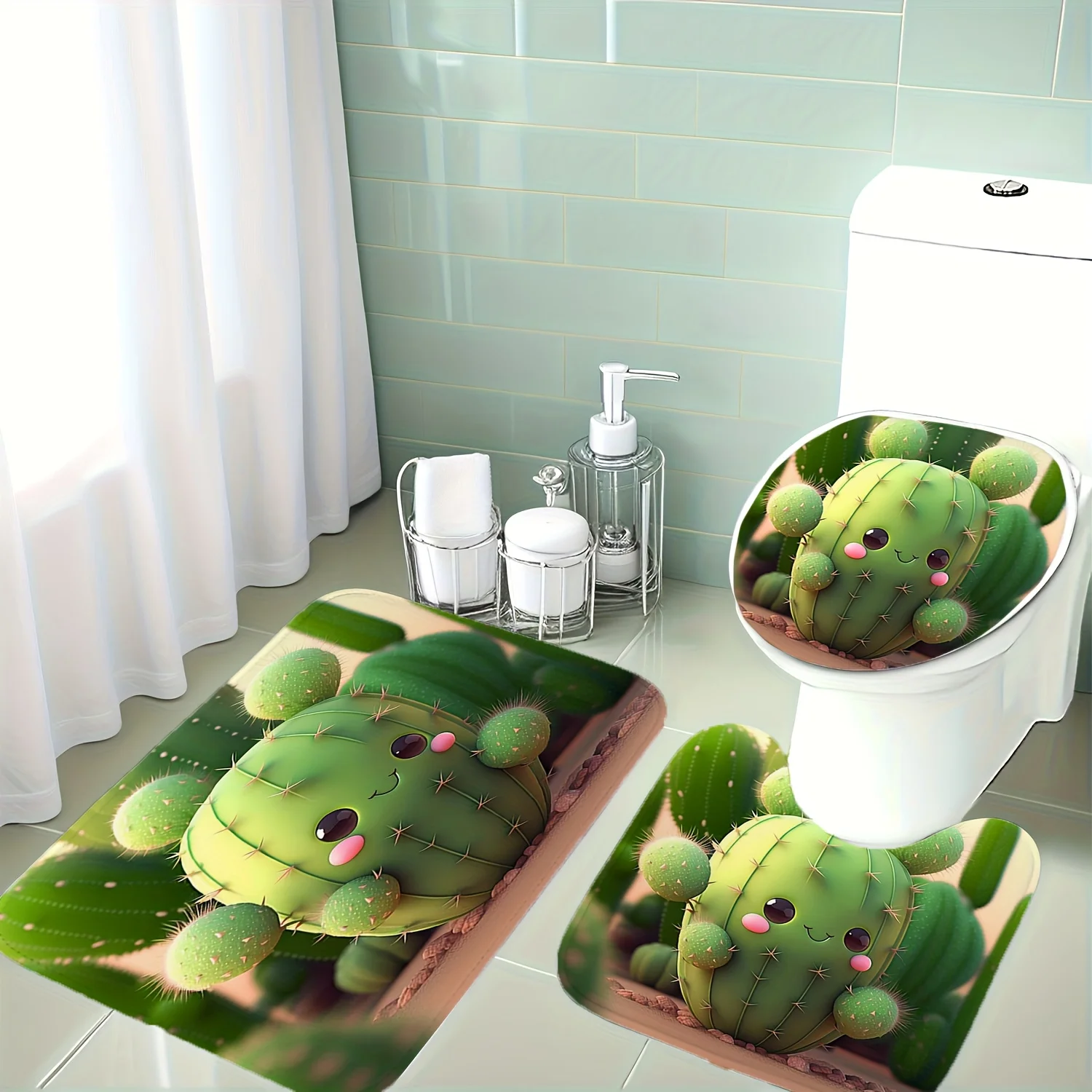 

Cartoon Cactus 3pc Bath Set – Green Plant Design with Cute Face, Soft Flannel Toilet Cover, U Mat & Floor Rug, Non-Slip Decor