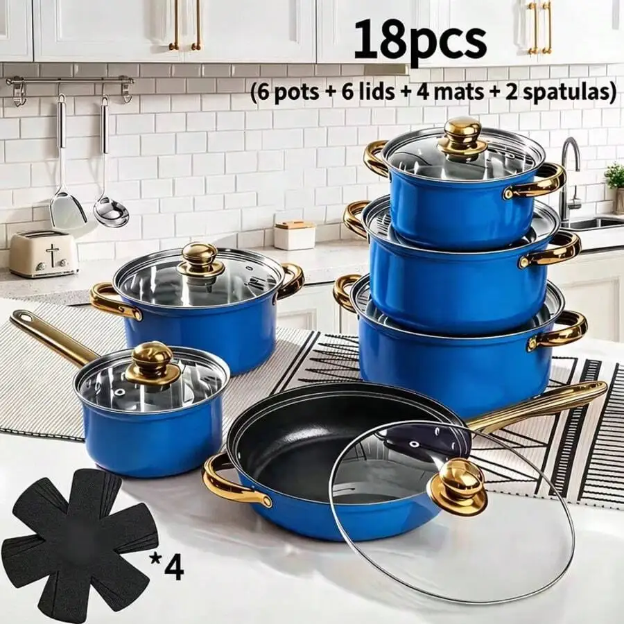 18pcs Non-Stick Pot And Pan Set, Stainless Steel Cookware Set, Equipped With A Heat-Resistant Handle, Includes Stockpot, Saucepa