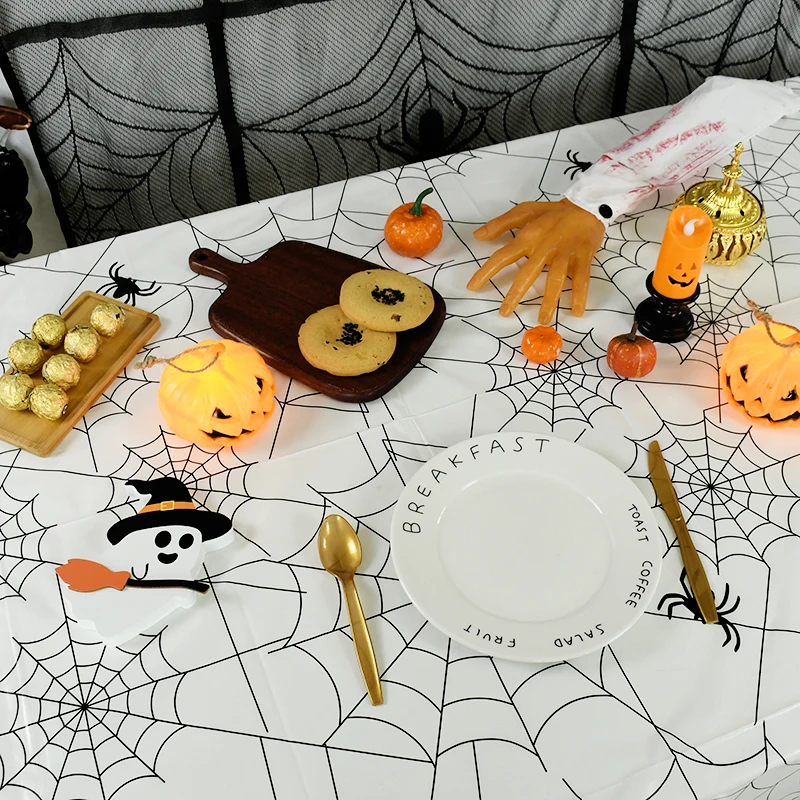 

Halloween Party Black White Spider Web Disposable Tablecloth Dining Table Cover Happy Halloween Birthday Party Decorations