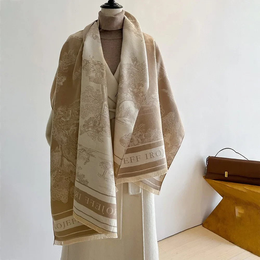 Jacquard Landscape Imitation Cashmere Scarf Women Thermal Wraps Air-conditioned Room Female Shawl Thick Warm Long Muffler Lady