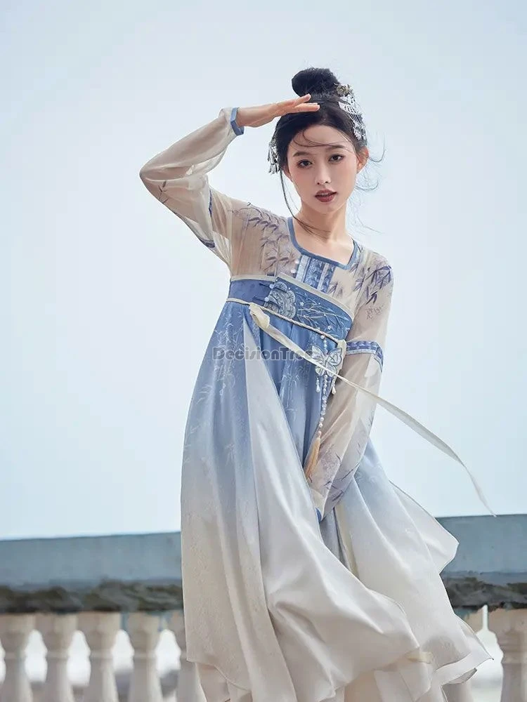 2024 cute retro literature art hanfu dress chinese style tang made improved modern trendy daily hanfu fairy gradient gauze dress