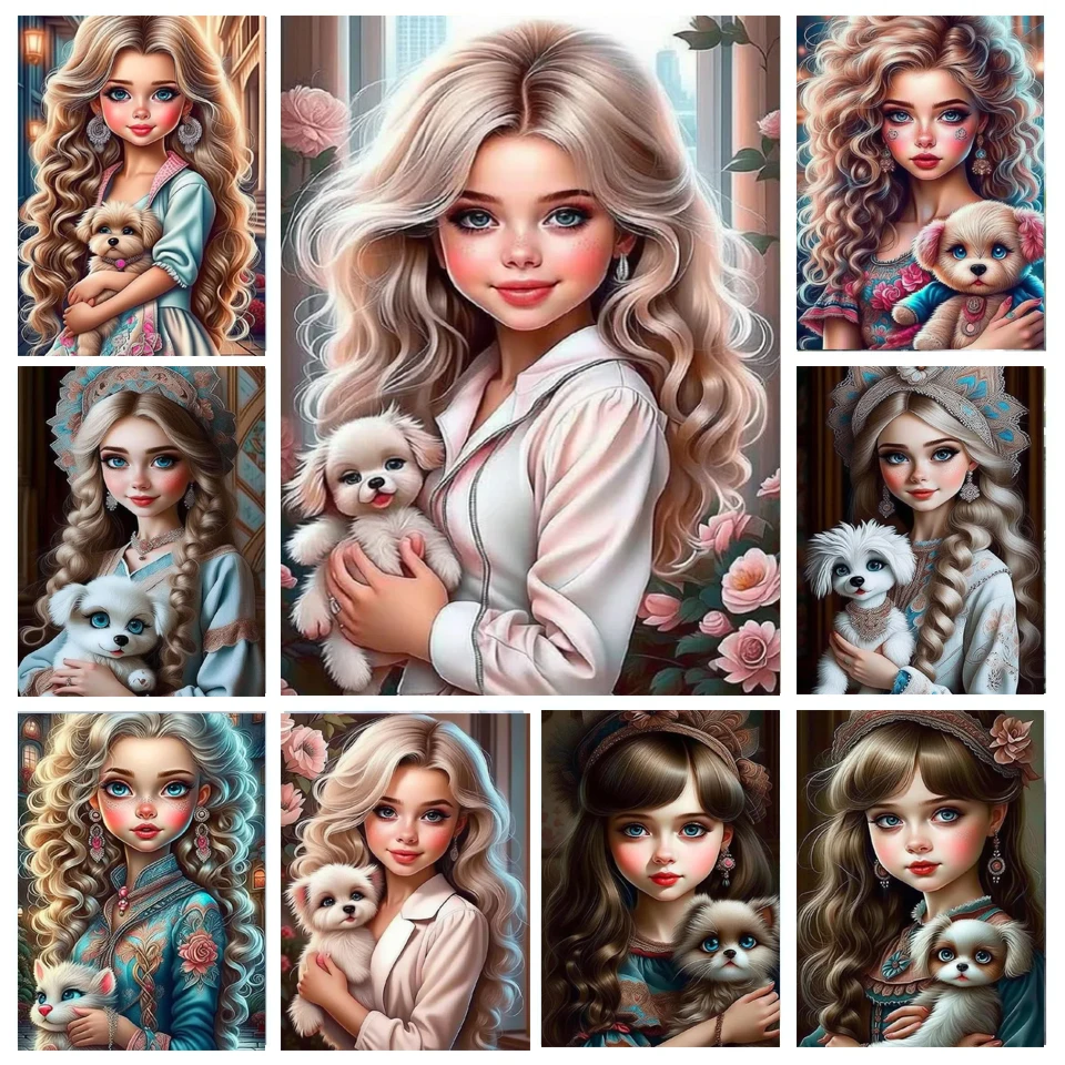 Cute Pretty Girl And The Dog Doll 5D DIY Diamond Painting Cartoon Girl Full Diamond Mosaic Jewelry Cross Stitch Embroidery W122