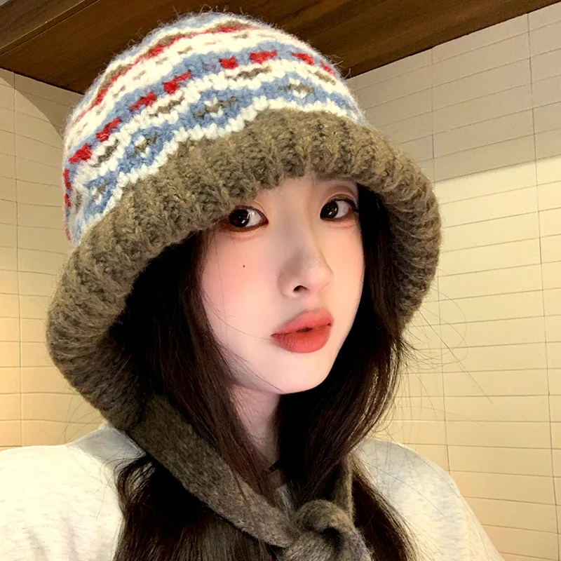 

Women's Big Head Circumference Knitted Hat Vintage Balaclava Warm Ear Protection Woolen Cap