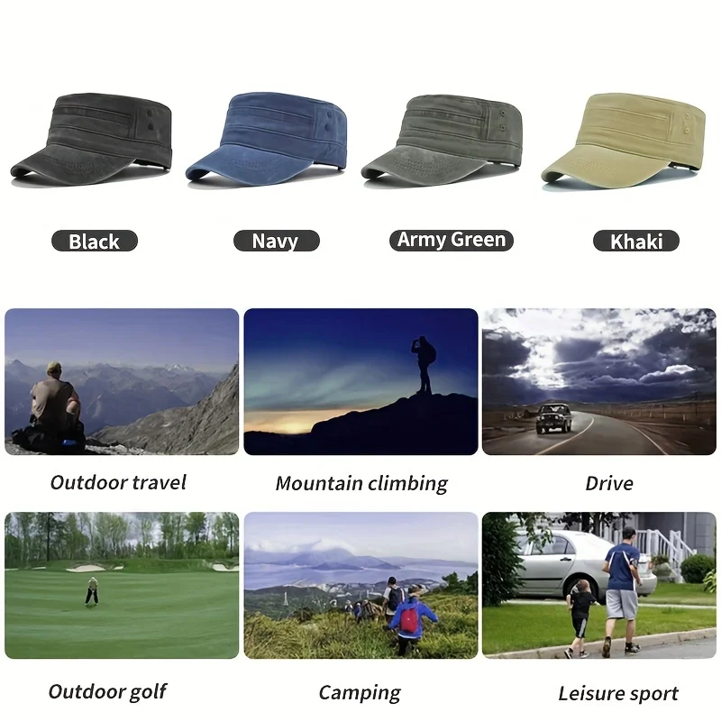 Винтажная промытая хлопковая кепка унисекс в стиле милитари кадет с плоским верхом, Регулируемая Кепка-тракер для бега, гольфа, кемпинга, походов, рыбалки