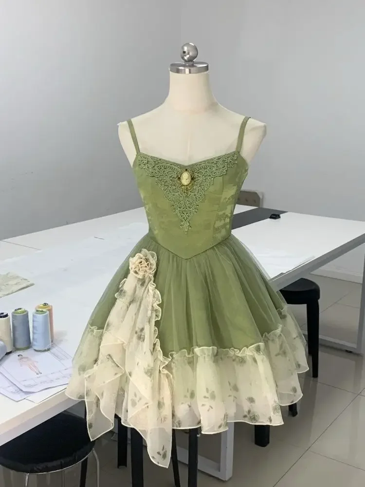 Women Green Fairy Style Dress Slim Fit Spaghetti Strap Lace Ruffle Hem Vintage Mesh Patchwork Elegant Kawaii Aesthetic Outfit